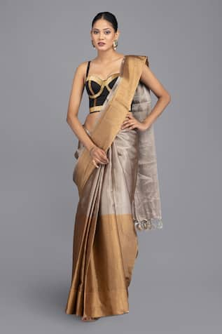 Zal From Benaras Dual Tone Stripe Handloom Saree With Unstitched Blouse Piece 