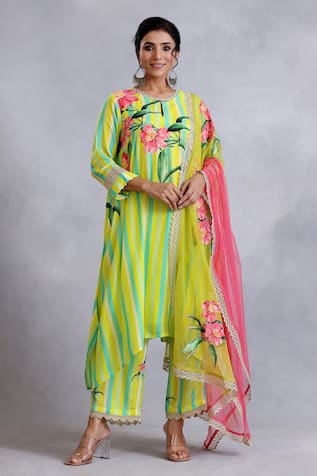 Radhika Jindal Floral Stripe Pattern Lace Embroidered Kurta Pant Set 