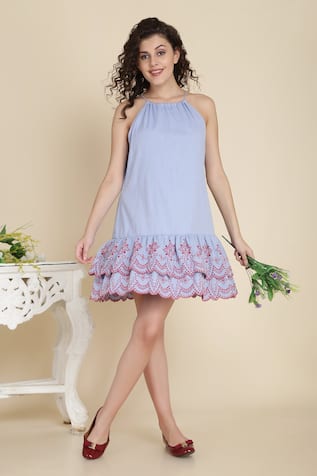 Bohobi Blue Halter Neck Abstract Print Dress 