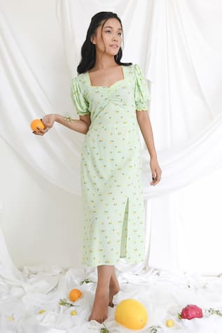 Bohobi Melody Lime Print Slit Dress 