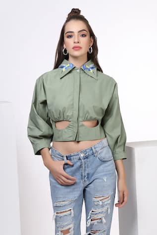 Bohobi Placed Embroidered Cut-Out Crop Shirt 