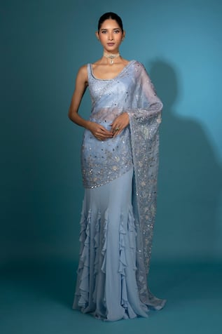 Vaishali Agarwal Floral Embroidered Pre-Draped Saree With Blouse 