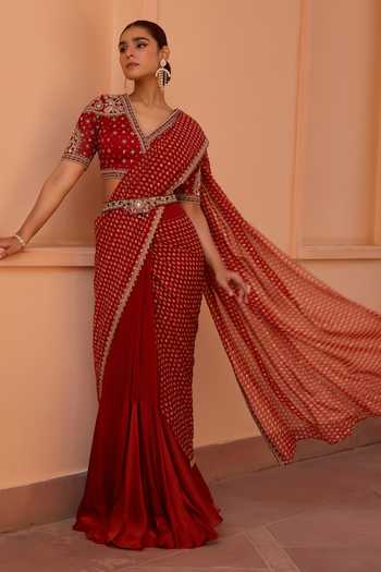 ISHA GUPTA TAYAL Tara Bandhani Print Pre-Draped Saree Set 
