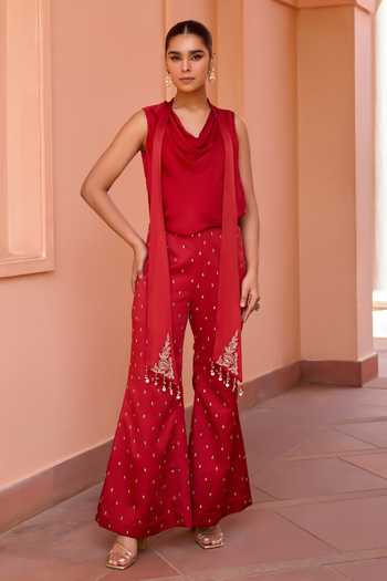 ISHA GUPTA TAYAL Gulab Draped Cowl Top & Embroidered Pant Set 