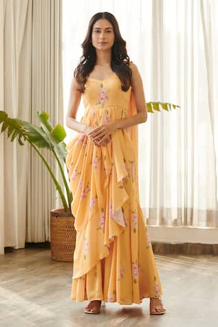 Pasha India Jasmine Print Ruffle Saree Gown 