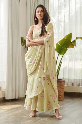 Pasha India Floral Print Ruffle Saree Gown 