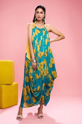 Siarra Floral Print Pleated Cowl Dress 