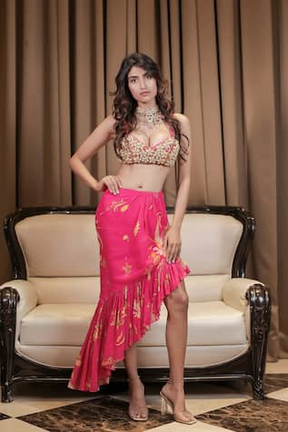 Foram Patel Embroidered Bralette & Ruffle Asymmetric Skirt Set 