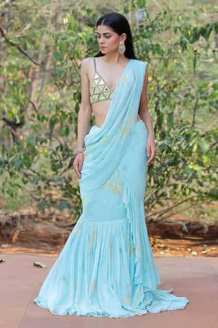 Foram Patel Floral Print Ruffle Pre-Draped Saree With Embroidered Blouse 