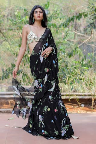 Foram Patel Floral Pattern Ruffle Pre-Draped Saree With Embroidered Blouse 