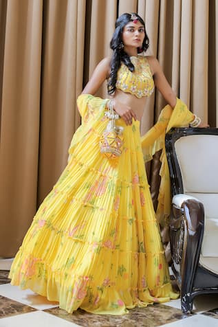 Foram Patel Yellow Printed Tiered Lehenga Set 