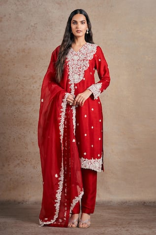 Stotram Silk Floral Embroidered Kurta Pant Set 