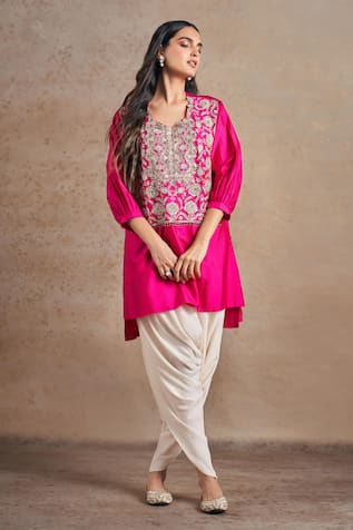 Stotram Silk Embroidered High-Low Kurta With Tulip Pant 