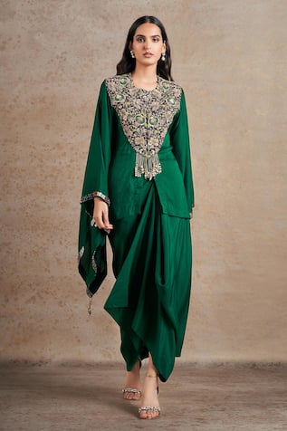 Stotram Silk Blossom Embroidered Short Kaftan With Draped Skirt 