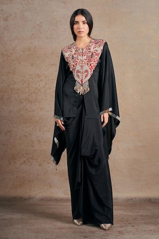 Stotram Silk Foliage Embroidered Short Kaftan With Draped Skirt 