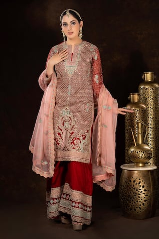 Sidhaarth & Disha Damask Jaal Dori Embroidered Kurta Palazzo Set 