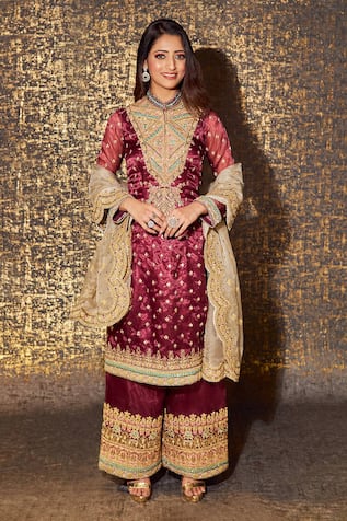 Sidhaarth & Disha Zari Embroidered Geometric Kurta Palazzo Set 