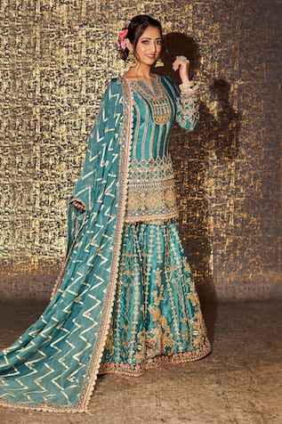 Sidhaarth & Disha Dori Geometric Stripe Embroidered Kurta Gharara Set 