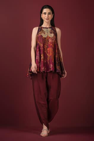 SONIA BADERIA Flared Floral Print Peplum Kurta & Tulip Pant Set 