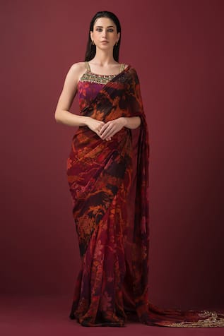 SONIA BADERIA Floral Print Embroidered Saree with Blouse 