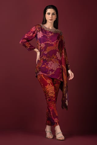 SONIA BADERIA Floral Print Kaftan Top & Sharara Set 