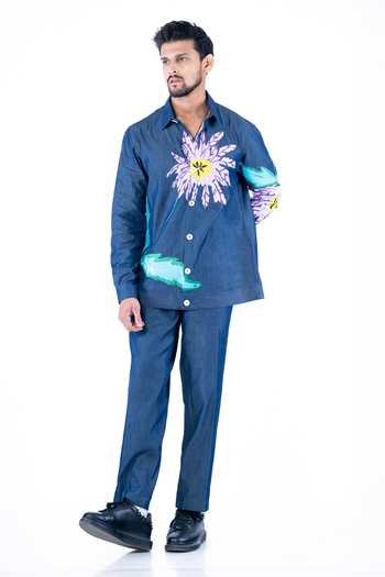Yajy By Aditya Jain Floral Thread Hand Embroidered Shirt With Trouser 