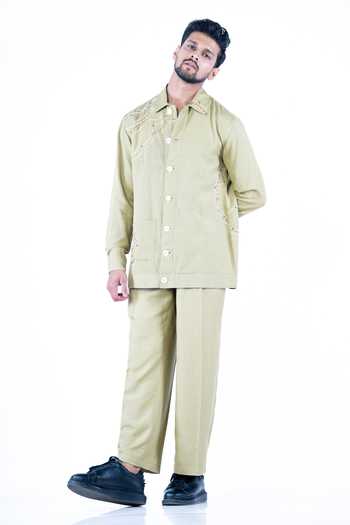 Yajy By Aditya Jain Pure Linen Hand Embroidered Shirt With Trouser 