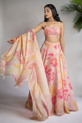 Shahmeen Husain Silk Floral Print Lehenga Set 