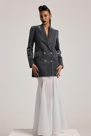 AKHL Solid Double-Breasted Blazer & Skirt Set 