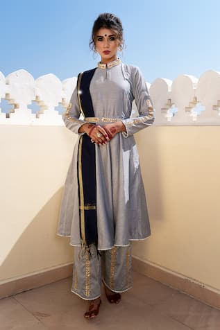 The Home Affair Plain Anarakali Set With Embroidered Pant 