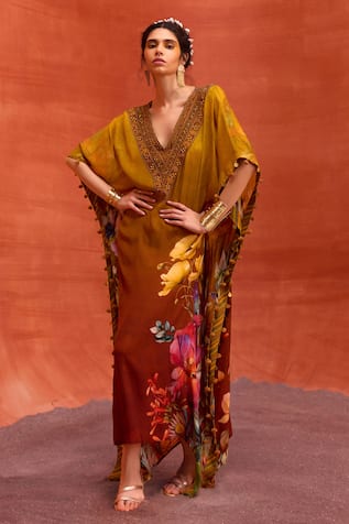 Kalista Saira Blossom Print Hand Embroidered Kaftan 