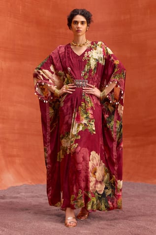 Kalista Melinda Rose Garden Print Hand Embroidered Kaftan 