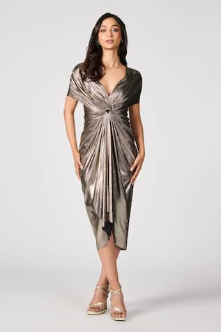 S&N by Shantnu Nikhil Metallic Pleated High-Low Dress 