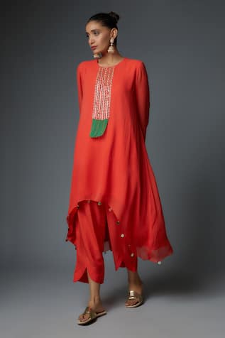 Bha sha Mala Asymmetric Embroidered Tunic With Pant 