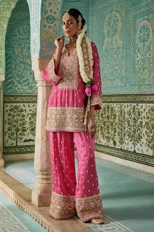 The Royaleum Roshnai Silk Zari Embroidered Kurta With Palazzo 