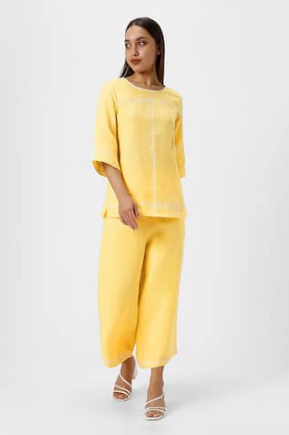 Kaveri Yellow Plain Linen Top & Pant Set 