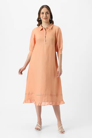 KAVERI Teepee Frilly Poet Sleeves Solid Midi Dress 