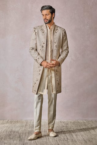 Tarun Tahiliani Flower Pearl Embroidered Sherwani Trouser Set 