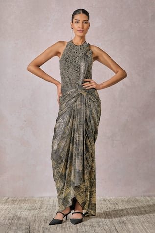 Tarun Tahiliani Metallic Foil Concept Saree With Embellished Corset 