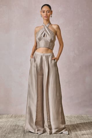 Tarun Tahiliani Diamond Border Embellished Corset & Flared Trouser Set 