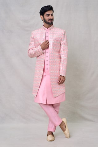 Arihant Rai Sinha Embroidered Layered Straight Sherwani With Aligadhi Pant 