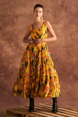 Verb by Pallavi Singhee Organza Floral Print Tiered Midi Dress 