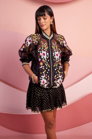 Verb by Pallavi Singhee Floral Embroidered Sheer Bomber Jacket 