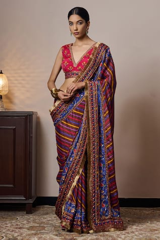 Irrau by Samir Mantri Floral Stripe Print Saree With Blouse 