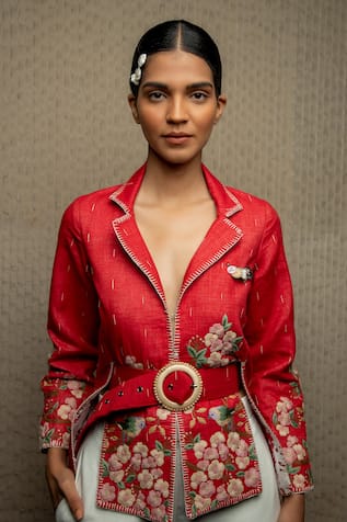 Shruti Sancheti Floral Embroidered Jacket With Belt 