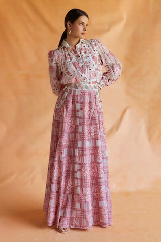 Shruti Sancheti Rosette Bloom Print Shirt With Paisley Checkered Skirt 