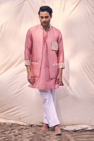 Kaaj Button x AZA Placement Embroidered Bundi & Kurta Set 