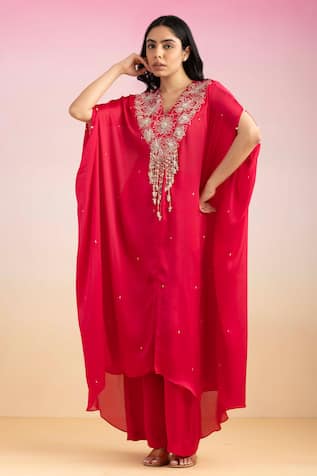 Ajiesh Oberoi Bulbul Floral Tassel Embroidered Kaftan With Palazzo 