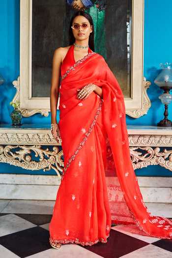 Dolly J Hannah Floral Embroidered Lucknowi Saree With Blouse 