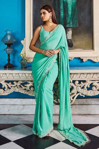 Dolly J Meadow Floral Embroidered Lucknowi Saree With Blouse 